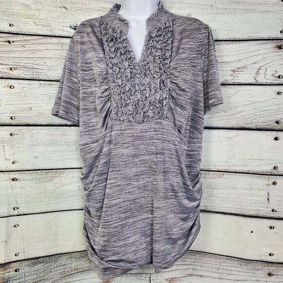 Maurices Plus 3X Gray Ruched Ruffle Front Blouse Short Sleeve Stretch Knit Top - Picture 1 of 9